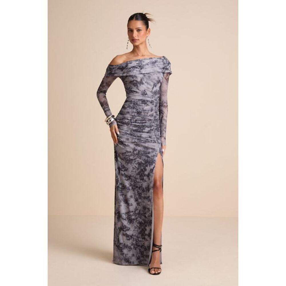NWT Lulus Darla Grey Tie-dye Mesh One-shoulder Long Sleeve Maxi Dress - Size XS